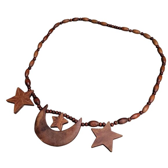 Handcrafted Wooden Star & Crescent Moon Necklace - Picture 1 of 4